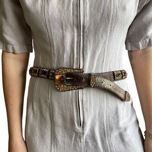 Womens Western Brown Gemstone Cowhide Sparkly Rodeo Cowgirl Leather Belt Sz XL